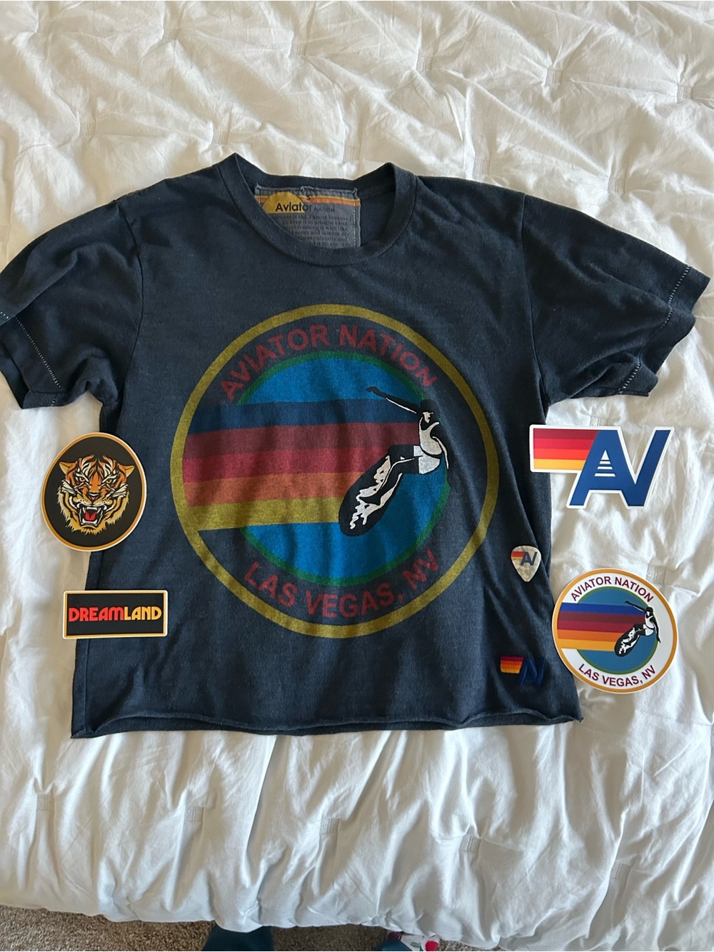 Aviator Nation Navy Tee with Multicolor Retro Stripe Emblem - Picture 9 of 11